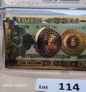 c114- One Bitcoin 24K Gold Plated Foil Banknote Collectors Bill Non-currency Replica Art Collection - Image 3