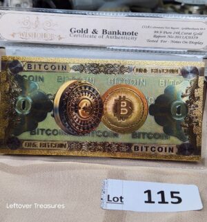 c115- One Bitcoin 24K Gold Plated Foil Banknote Collectors Bill Non-currency Replica Art Collection