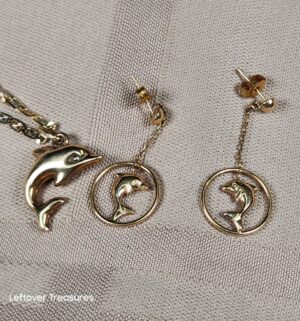 c156- 14k gold Dolphin Earring & Necklace Set. Gold Acid tested