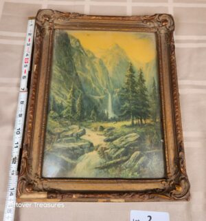 d2- antique convex bubble glass picture frame. waterfall scene bt William M. Thompson