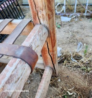 d127- rustic, handmade wooden chairs feature a log frame and a woven leather strap seats - Image 5
