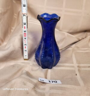 d170- vintage Indiana Glass cobalt blue vase featuring a ruffled rim and ribbed beaded details