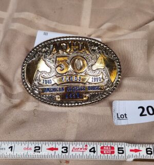 d208- AQHA 50th Anniversary belt buckle from 1990. Silver 22k gold plate