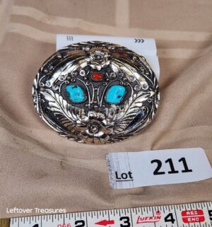 d211- S.S.I. floral Western belt buckle features inset turquoise and red coral stones