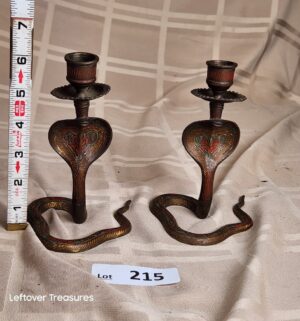 d215- Antique Bronze KING COBRA candle sticks with red Enamel, ca. 1910
