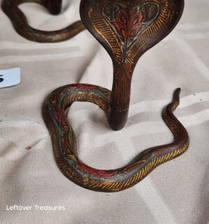 d215- Antique Bronze KING COBRA candle sticks with red Enamel, ca. 1910 - Image 3