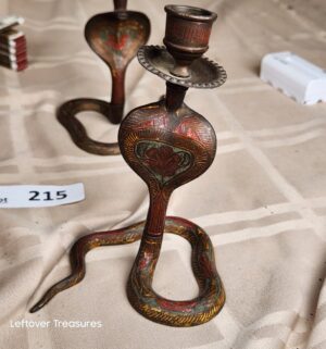 d215- Antique Bronze KING COBRA candle sticks with red Enamel, ca. 1910 - Image 4