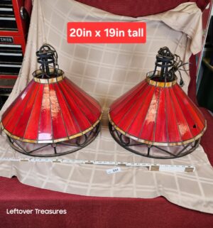 d237- vintage red stained glass and wrought iron billiard pool table pendant lamps. Commonly Seen at Applebees - Image 1