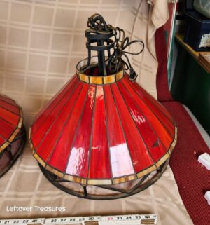 d237- vintage red stained glass and wrought iron billiard pool table pendant lamps. Commonly Seen at Applebees - Image 2