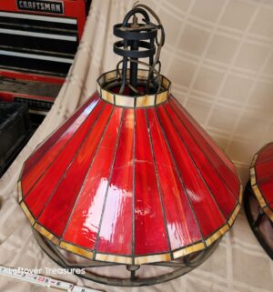 d237- vintage red stained glass and wrought iron billiard pool table pendant lamps. Commonly Seen at Applebees - Image 3