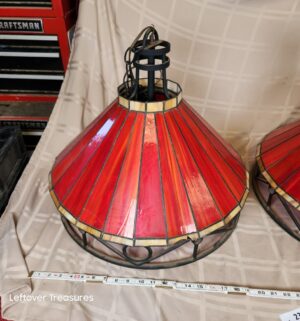 d237- vintage red stained glass and wrought iron billiard pool table pendant lamps. Commonly Seen at Applebees - Image 4
