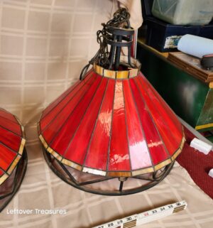 d237- vintage red stained glass and wrought iron billiard pool table pendant lamps. Commonly Seen at Applebees - Image 5