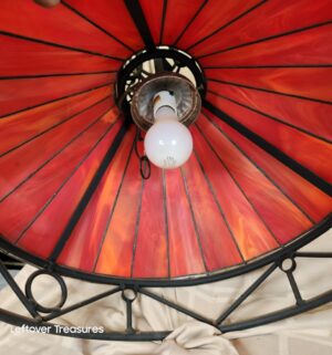 d237- vintage red stained glass and wrought iron billiard pool table pendant lamps. Commonly Seen at Applebees - Image 7