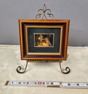 e496- vintage 24k gold Damascene artwork from Toledo, Spain, featuring Don Quixote and Sancho Panza with gold inlay.